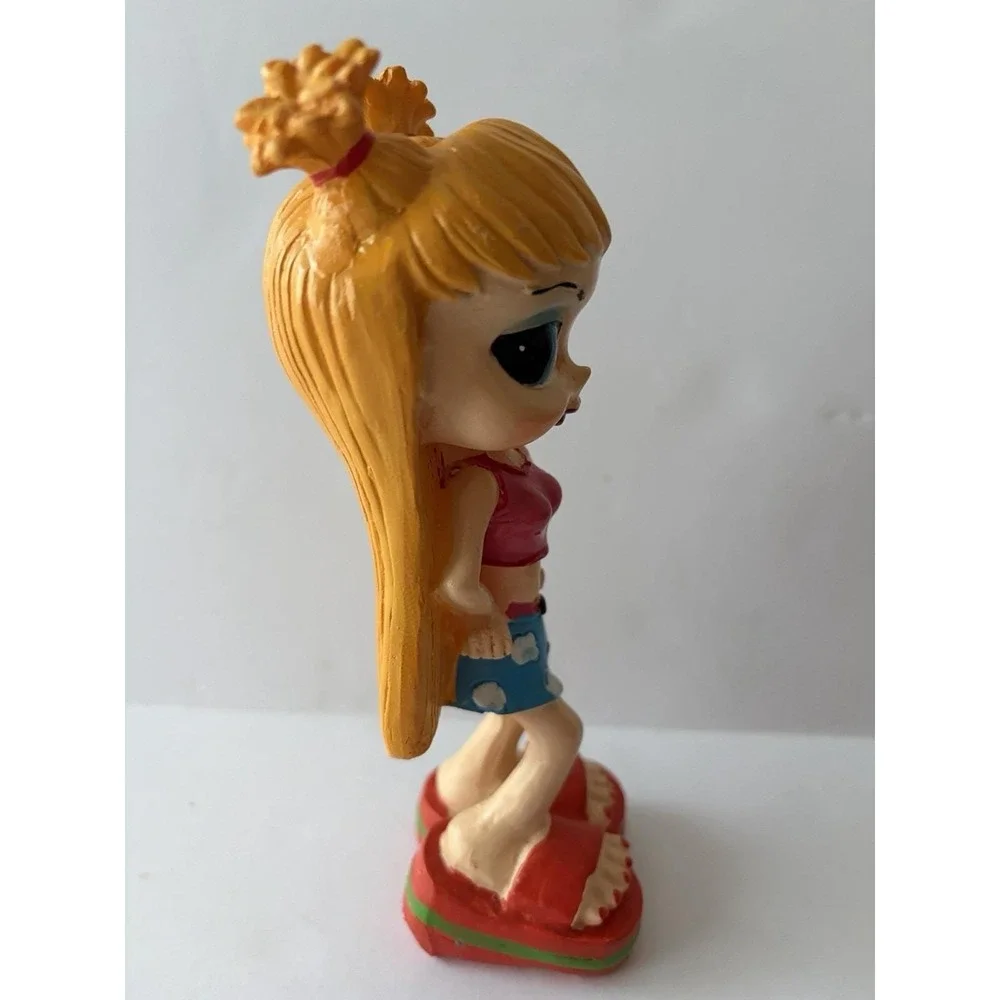 Resin Figurine Sassy Girl Big Eyes Pigtails Pink Top Blue Shorts Flip Flops 6in